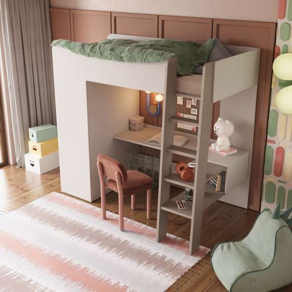 Loftseng Tom 90x200 - med madrass, skrivebord og garderobe