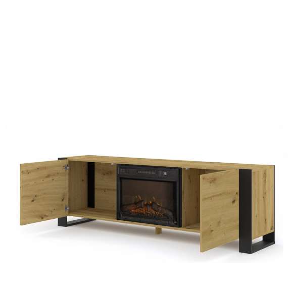 Tv-benk Mondi 180x58 cm - eik artisan - svart matt - 2 dører - elektrisk peis