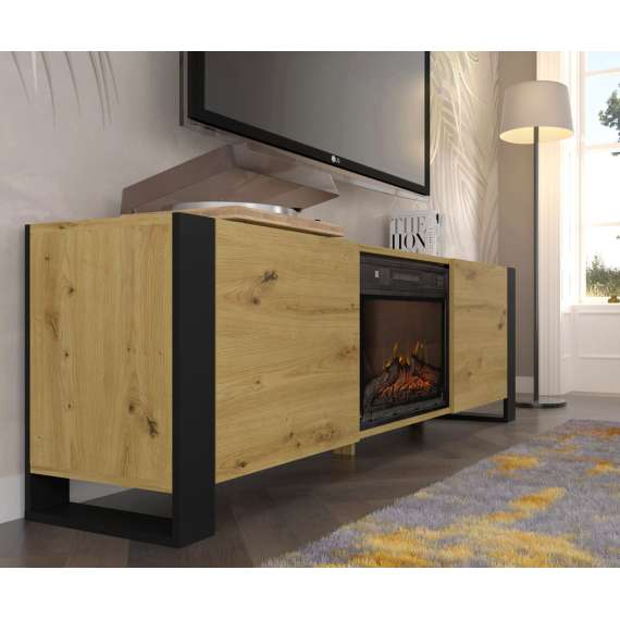 Tv-benk Mondi 180x58 cm - eik artisan - svart matt - 2 dører - elektrisk peis