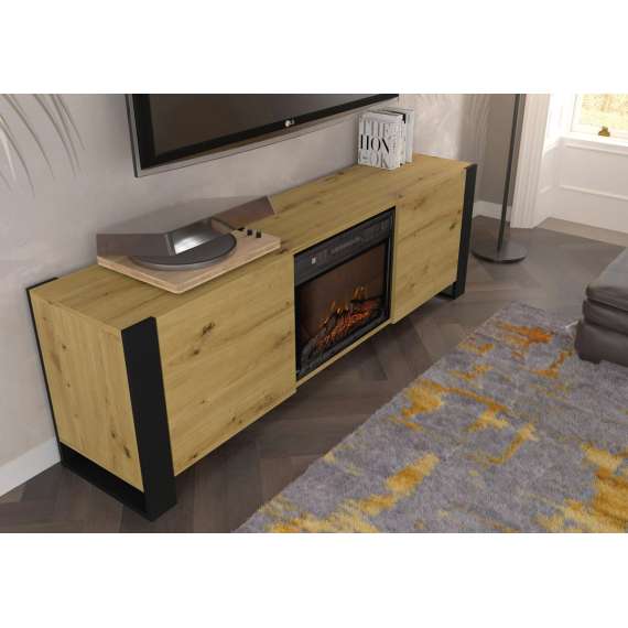 Tv-benk Mondi 180x58 cm - eik artisan - svart matt - 2 dører - elektrisk peis