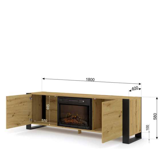 Tv-benk Mondi 180x58 cm - eik artisan - svart matt - 2 dører - elektrisk peis