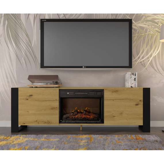 Tv-benk Mondi 180x58 cm - eik artisan - svart matt - 2 dører - elektrisk peis