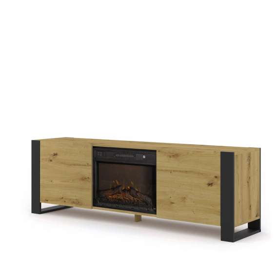 Tv-benk Mondi 180x58 cm - eik artisan - svart matt - 2 dører - elektrisk peis