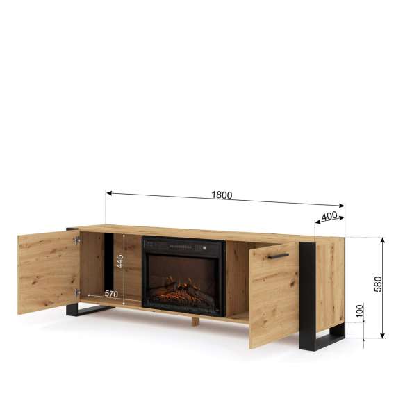 Tv-benk Nuka 180x58 cm - eik artisan - svart matt - 2 dører - elektrisk peis