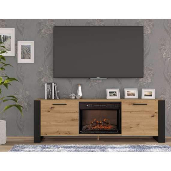 Tv-benk Nuka 180x58 cm - eik artisan - svart matt - 2 dører - elektrisk peis