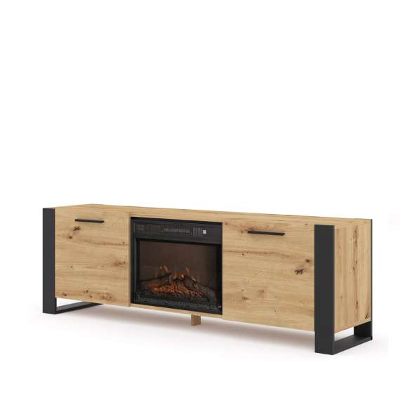 Tv-benk Nuka 180x58 cm - eik artisan - svart matt - 2 dører - elektrisk peis