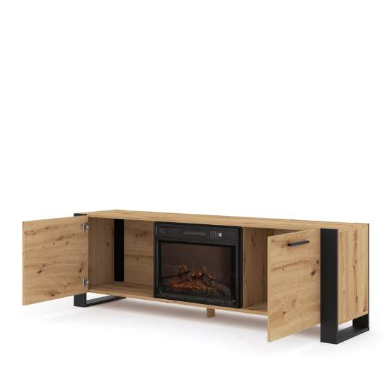 Tv-benk Nuka 180x58 cm - eik artisan - svart matt - 2 dører - elektrisk peis