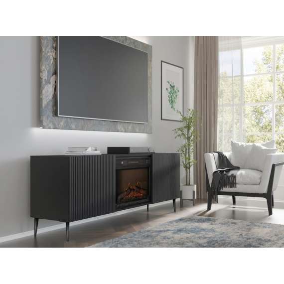 Tv-benk Ravena 170x63 cm - svart matt - 2 dører -  elektrisk peis