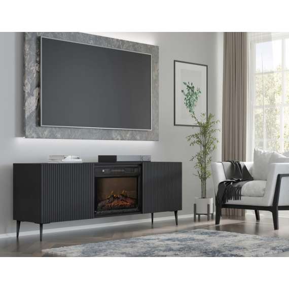 Tv-benk Ravena 170x63 cm - svart matt - 2 dører -  elektrisk peis