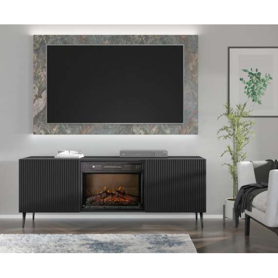 Tv-benk Ravena 170x63 cm - svart matt - 2 dører -  elektrisk peis