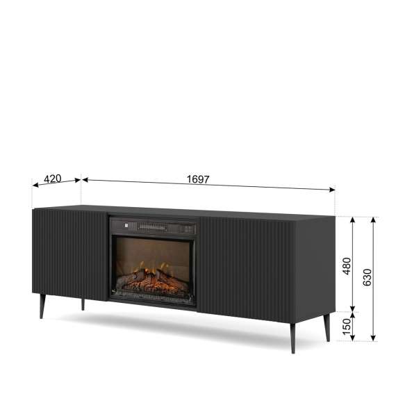 Tv-benk Ravena 170x63 cm - svart matt - 2 dører -  elektrisk peis