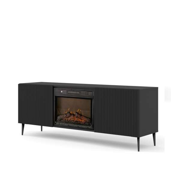 Tv-benk Ravena 170x63 cm - svart matt - 2 dører -  elektrisk peis