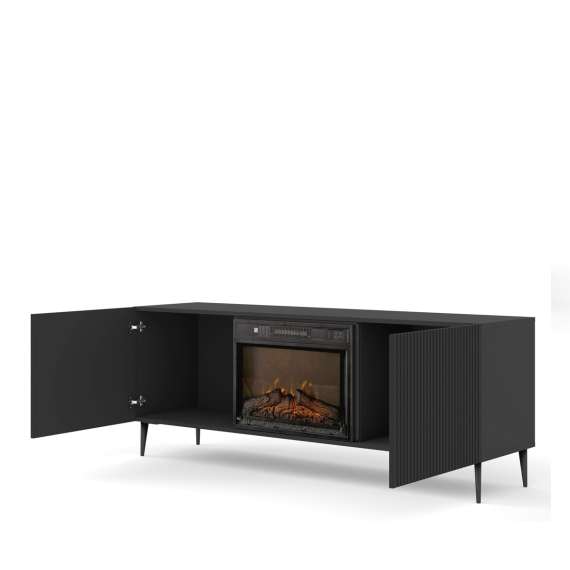 Tv-benk Ravena 170x63 cm - svart matt - 2 dører -  elektrisk peis