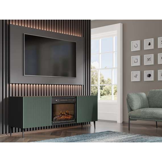 Tv-benk Ravena 170x63 cm - svart matt - grønn - 2 dører -  elektrisk peis