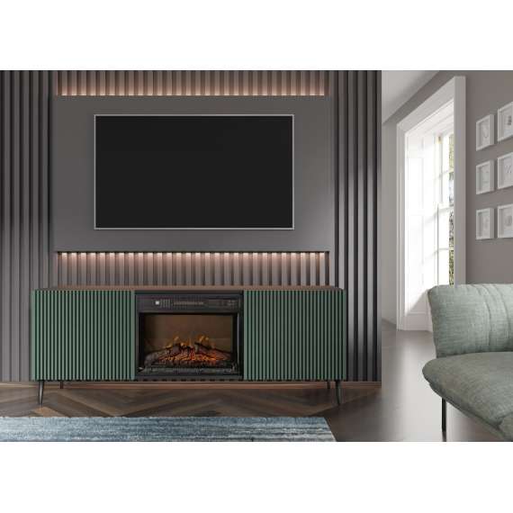 Tv-benk Ravena 170x63 cm - svart matt - grønn - 2 dører -  elektrisk peis