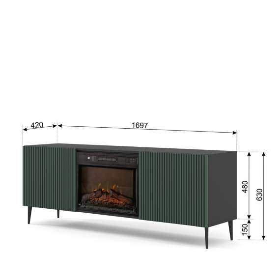 Tv-benk Ravena 170x63 cm - svart matt - grønn - 2 dører -  elektrisk peis