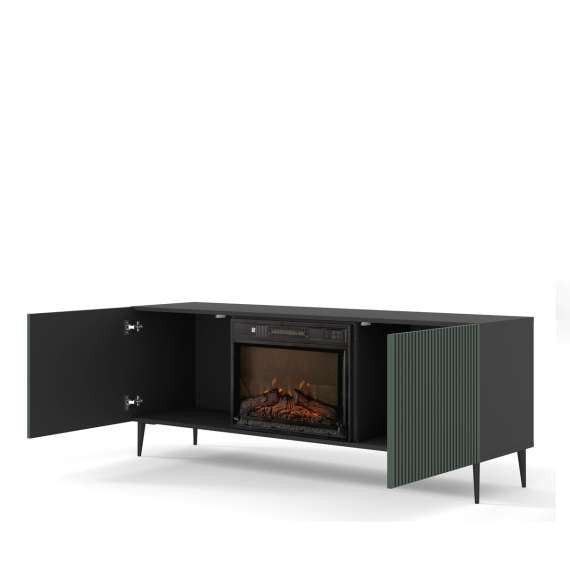 Tv-benk Ravena 170x63 cm - svart matt - grønn - 2 dører -  elektrisk peis