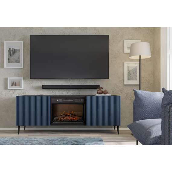 Tv-benk Ravena 170x63 cm - svart matt - marineblå - 2 dører -  elektrisk peis