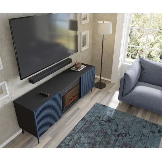 Tv-benk Ravena 170x63 cm - svart matt - marineblå - 2 dører -  elektrisk peis