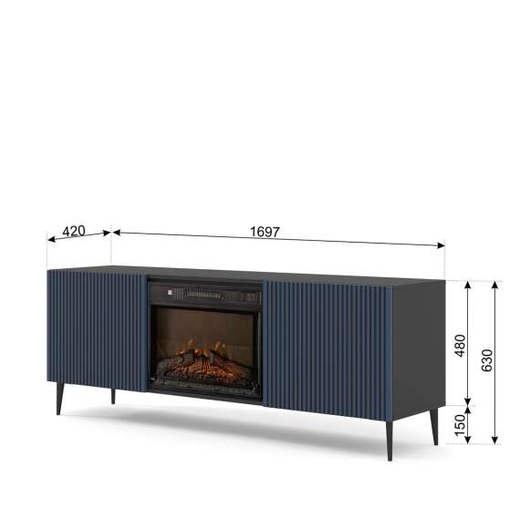 Tv-benk Ravena 170x63 cm - svart matt - marineblå - 2 dører -  elektrisk peis