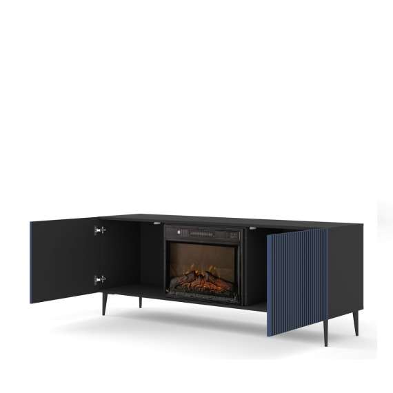 Tv-benk Ravena 170x63 cm - svart matt - marineblå - 2 dører -  elektrisk peis