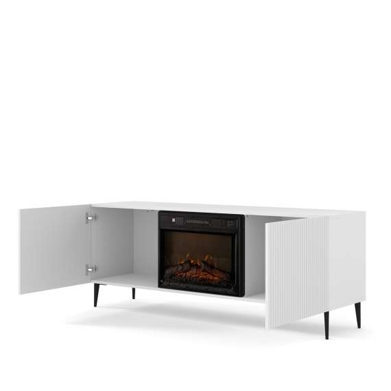 Tv-benk Ravena 170x63 cm - hvit matt - 2 dører -  elektrisk peis