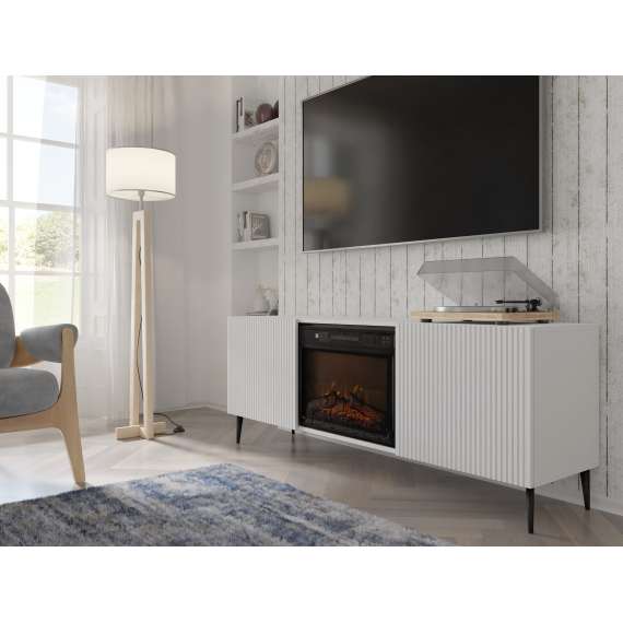 Tv-benk Ravena 170x63 cm - hvit matt - 2 dører -  elektrisk peis