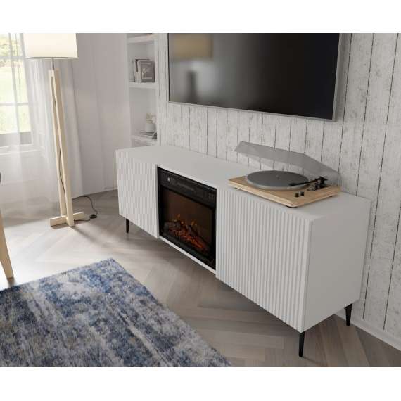 Tv-benk Ravena 170x63 cm - hvit matt - 2 dører -  elektrisk peis