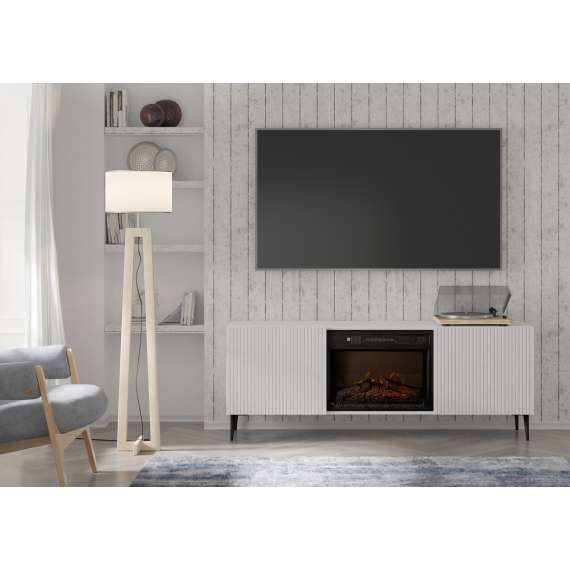 Tv-benk Ravena 170x63 cm - hvit matt - 2 dører -  elektrisk peis