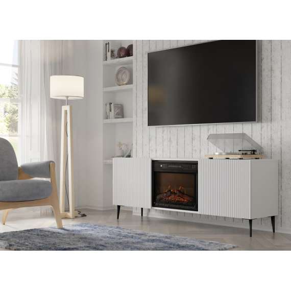 Tv-benk Ravena 170x63 cm - hvit matt - 2 dører -  elektrisk peis