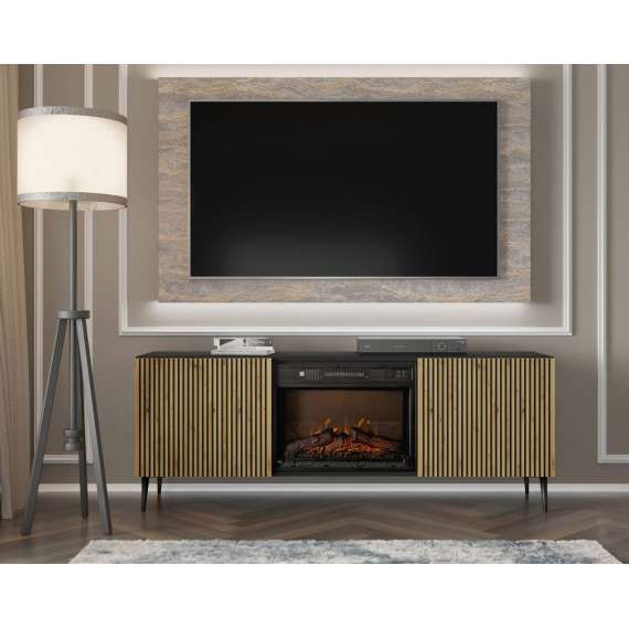 Tv-benk Ravena 170x63 cm - svart matt - eik artisan - 2 dører -  elektrisk peis