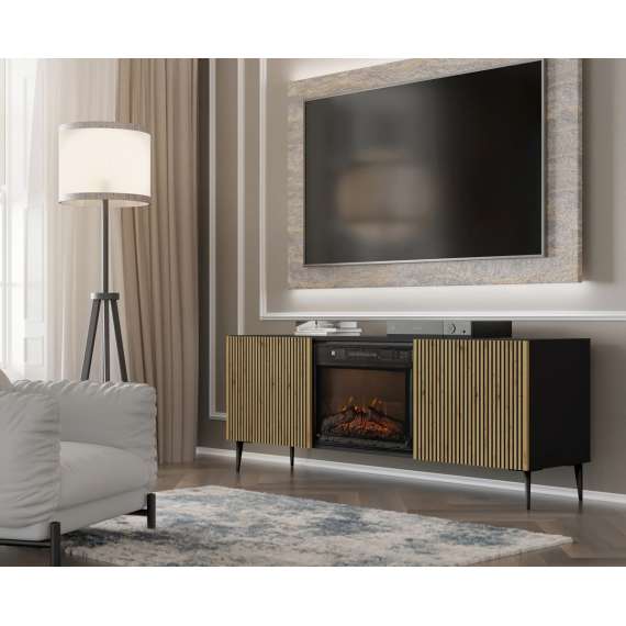 Tv-benk Ravena 170x63 cm - svart matt - eik artisan - 2 dører -  elektrisk peis