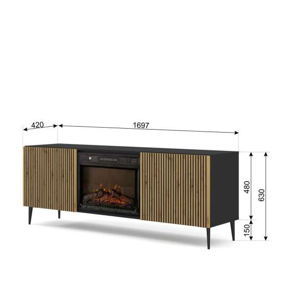 Tv-benk Ravena 170x63 cm - svart matt - eik artisan - 2 dører -  elektrisk peis