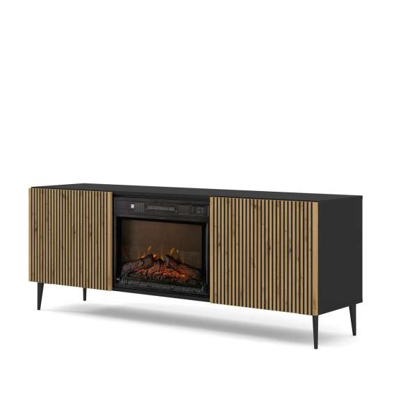Tv-benk Ravena 170x63 cm - svart matt - eik artisan - 2 dører -  elektrisk peis