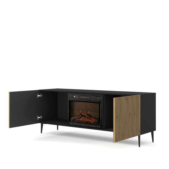 Tv-benk Ravena 170x63 cm - svart matt - eik artisan - 2 dører -  elektrisk peis