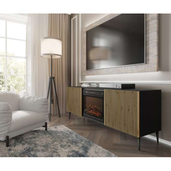 Tv-benk Ravena 170x63 cm - svart matt - eik artisan - 2 dører -  elektrisk peis