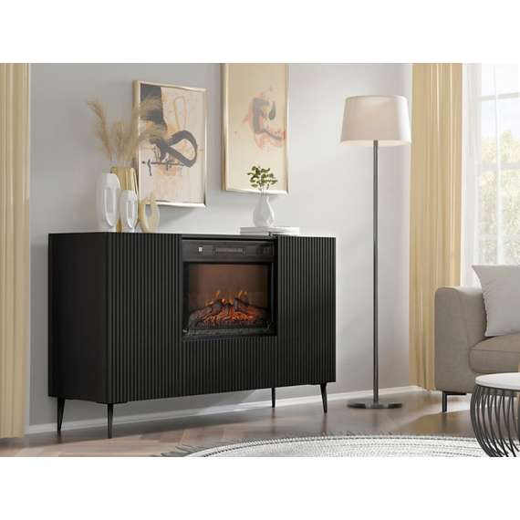 Skjenk Ravena 140x86 cm - svart matt - 3 dører -  elektrisk peis