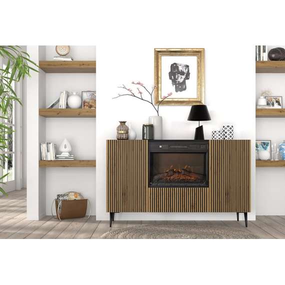 Skjenk Ravena 140x86 cm - svart matt - eik artisan - 3 dører -  elektrisk peis