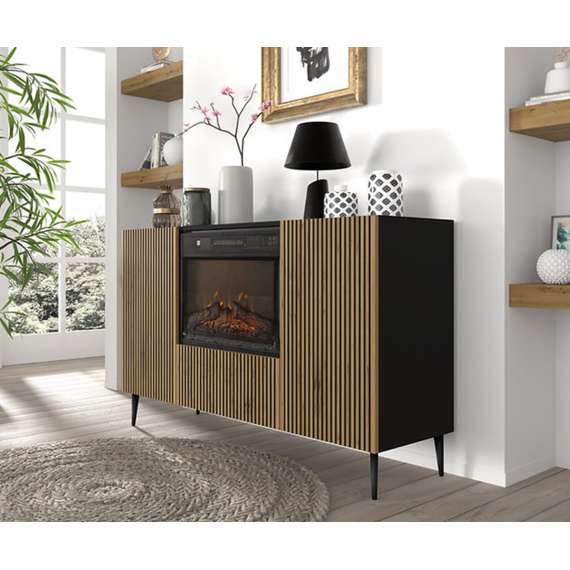 Skjenk Ravena 140x86 cm - svart matt - eik artisan - 3 dører -  elektrisk peis