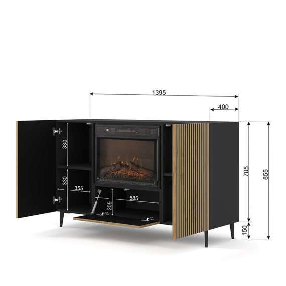 Skjenk Ravena 140x86 cm - svart matt - eik artisan - 3 dører -  elektrisk peis