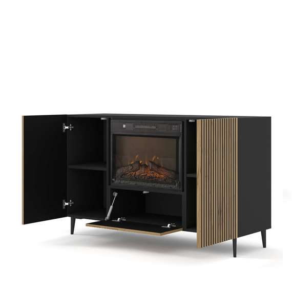 Skjenk Ravena 140x86 cm - svart matt - eik artisan - 3 dører -  elektrisk peis