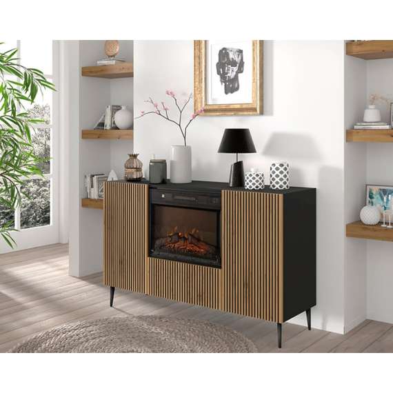 Skjenk Ravena 140x86 cm - svart matt - eik artisan - 3 dører -  elektrisk peis