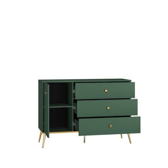 Skjenk Fonest 120x54 cm - labrador - 1 dør - 3 skuffer - metall ben gul