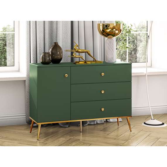 Skjenk Fonest 120x54 cm - labrador - 1 dør - 3 skuffer - metall ben gul