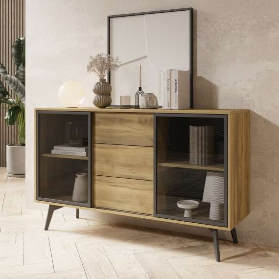 Skjenk Slideo 144x85 cm - eik - med glassdør