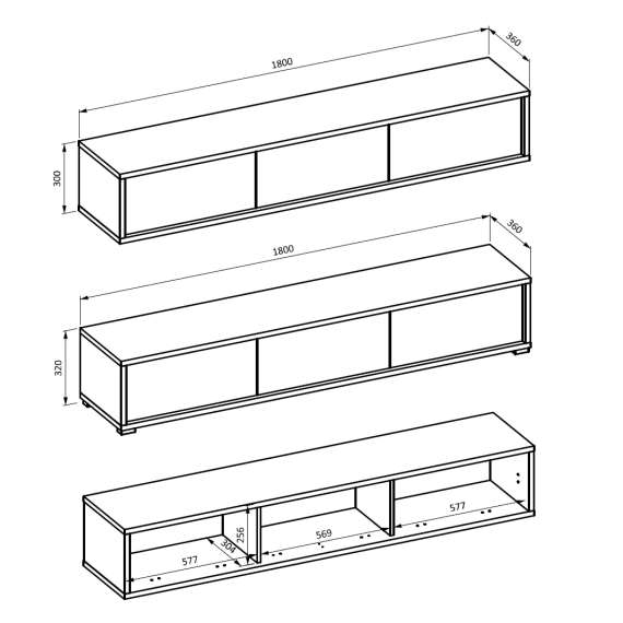 Tv-benk Frida 180 cm - eik - vegghengt - gulvstående