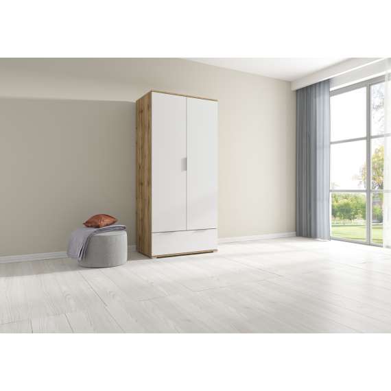 Garderobeskap Zele 90x195 cm - eik wotan - hvit matt - 2 dører - 1 skuff