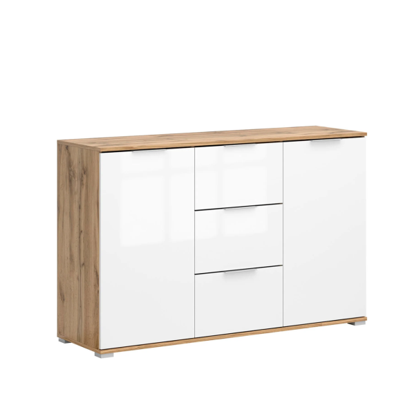 Skjenk Zele 135x86 - eik wotan - hvit glans - 2 dører - 3 skuffer