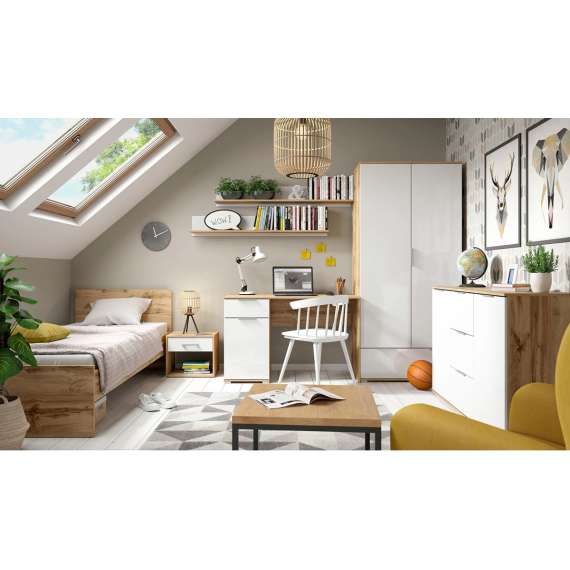 Skjenk Zele 135x86 - eik wotan - hvit glans - 2 dører - 3 skuffer