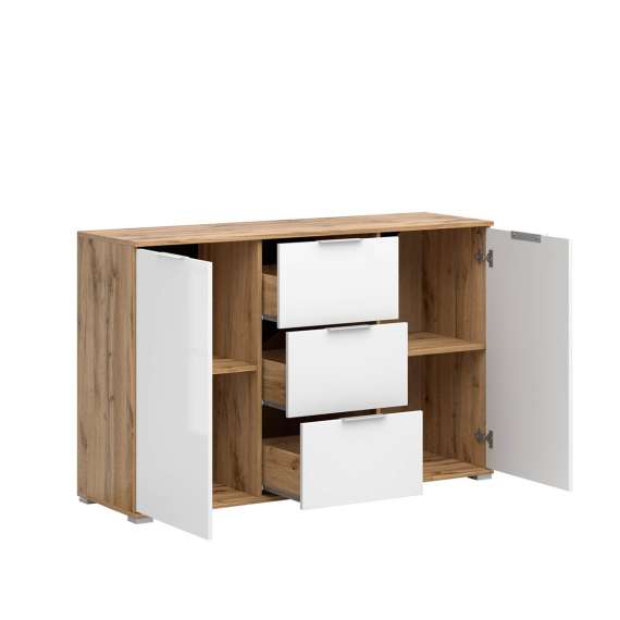 Skjenk Zele 135x86 - eik wotan - hvit glans - 2 dører - 3 skuffer